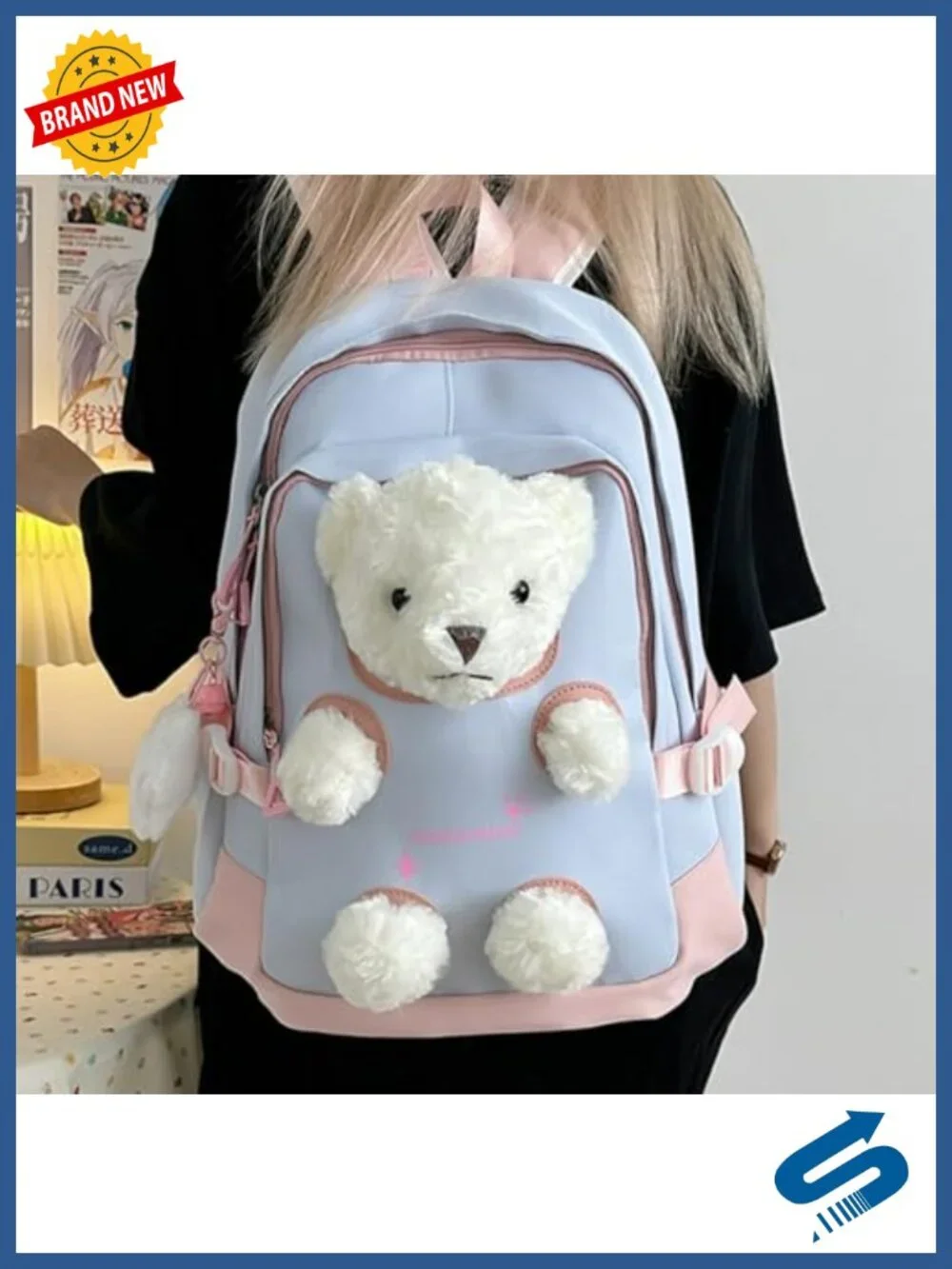 Detachable 3D Bear Plush Backpack with Pins - Kawaii Large Capacity Nylon